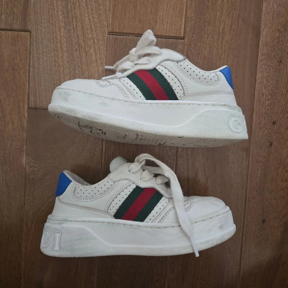 Gucci Kids Web Detail Leather Sneakers White Red Green Stripe Blue 26 US 9.5